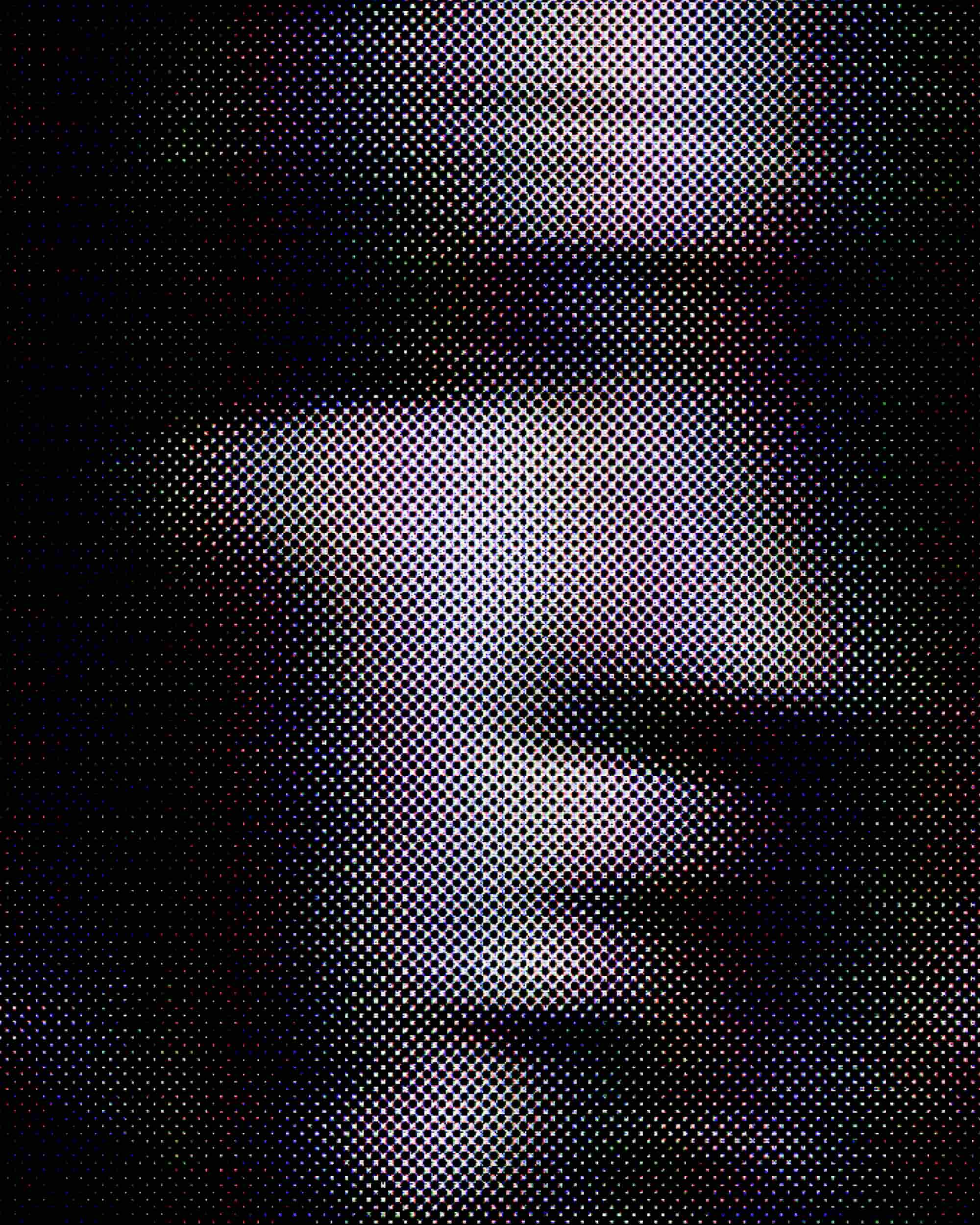 Stylized portrait with halftone screen effect, monochrome filter, and RGB shift creating a dramatic artistic look